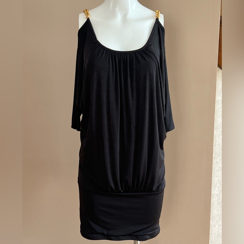 Black Off-Shoulder Mini Dress with Gold Chain Straps